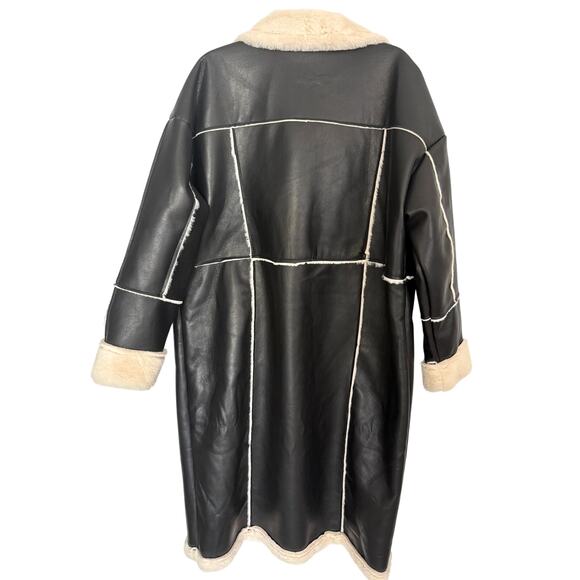 B Coature Faux Leather Faux Fur Sherpa Longline Jacket Coat Black Cream Size XL - Picture 3 of 9
